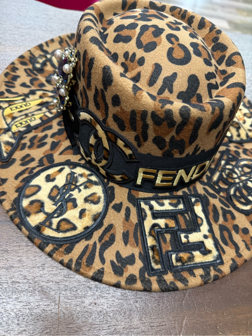 Leopard Print Felt Hat with Embellished Logo Band